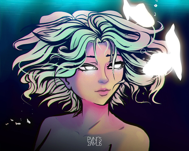 drawing, PanosStamo, artwork, glowing eyes, fantasy art, fantasy girl, underwater, white eyes, water, mermaids, art installation, painting, women, anime girls