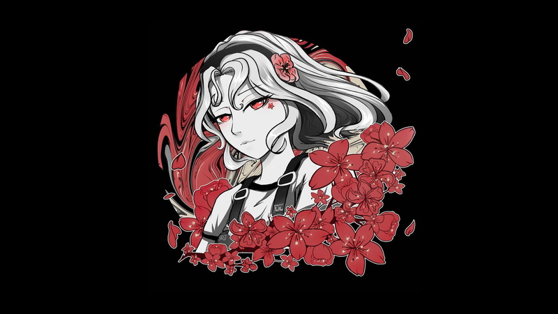 red eyes, black background, red flowers, PanosStamo, illustration, 1080P, anime girls, artwork, fantasy girl, fantasy art