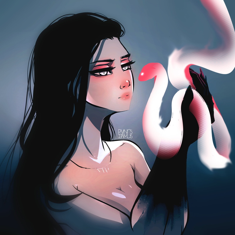 1080P, anime girls, snake, dark hair, PanosStamo, artwork, illustration, fantasy art, ghost, fantasy girl, black hair