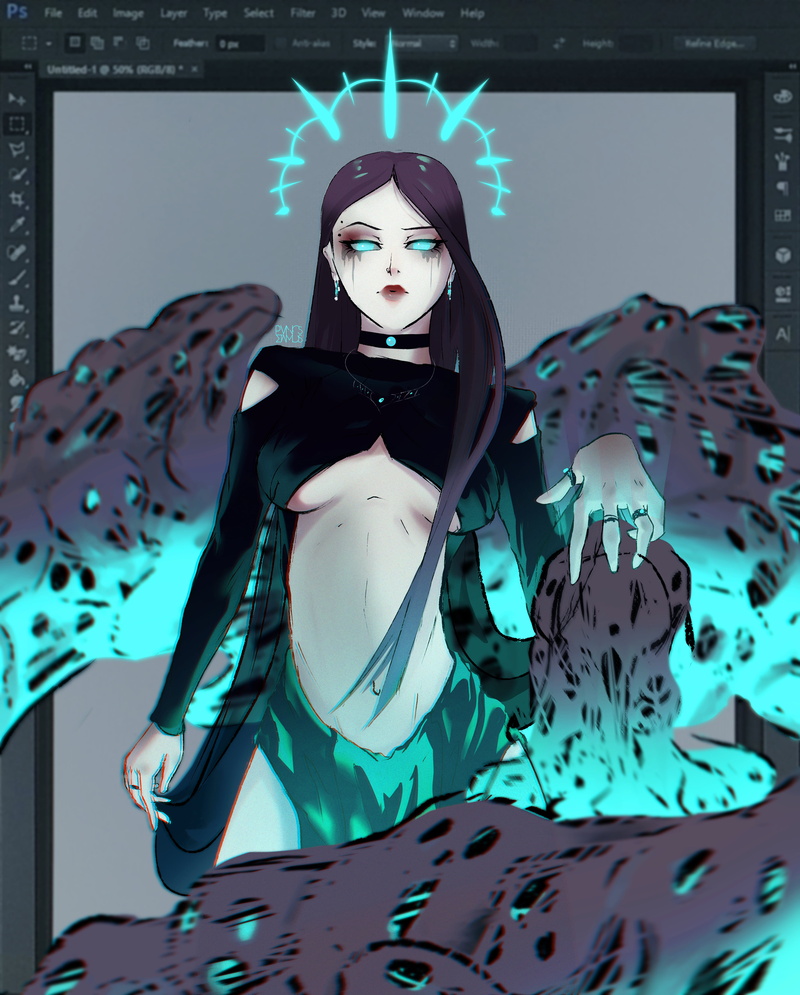 fantasy art, Anime, illustration, drawing, anime girls, cyan, black, ghost, digital, fantasy girl, demon, PanosStamo, ArtStation, 4K, skull, purple, artwork