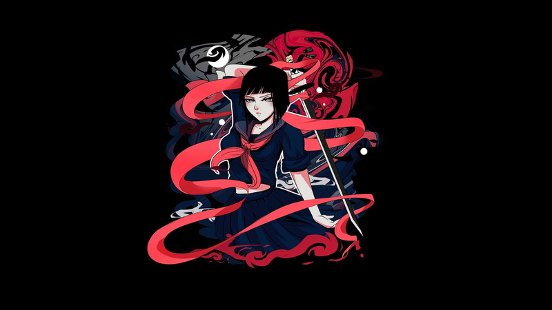 short skirt, schoolgirl, PanosStamo, anime girls, short hair, red, 1080P, japanese sword