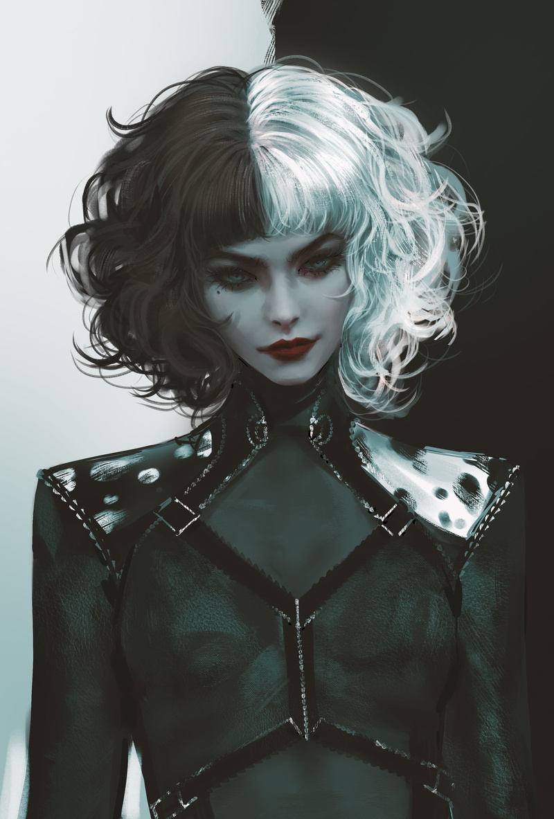 illustration, white hair, fantasy girl, black hair, Nixeu, looking at viewer, Cruella, latex, digital art, fan art, fantasy art, drawing, artwork, Disney