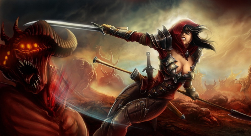government, Valla, monster, armor, clothing, one person, Demon Hunter, war, women, indoors, sword, motion, fantasy art, females, headwear, military, young adult