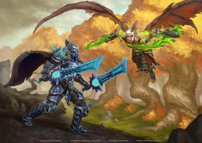 trees, Kirill Stepanov, Demon Hunter, Death Knight, 720P, glowing, blades, drawing, Demon Hunter WoW, fighting, weapon, armor, wings, Warcraft, cape