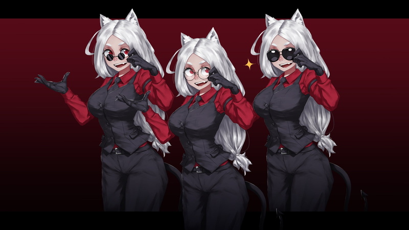 Helltaker, glass, Anthro, women, Cerberus (Helltaker), 2K, wolf girls, dark