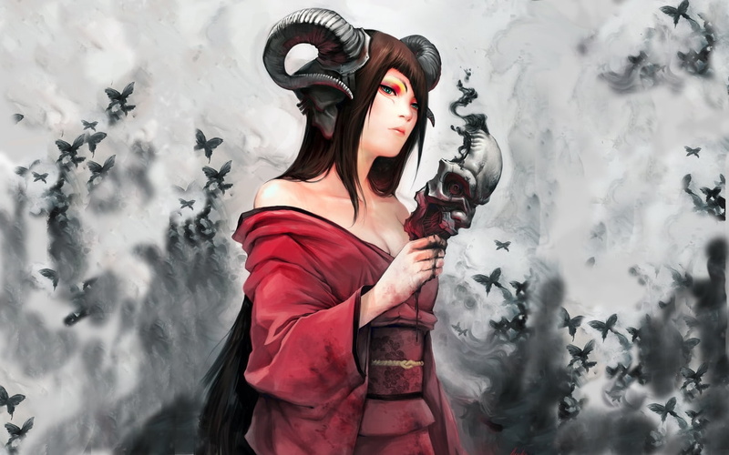 girl, shading, fantasy, anime, devil, artwork, demon, masks, succubus, art, Dress, women, horns, abstract, demons, hd, 720P, soft