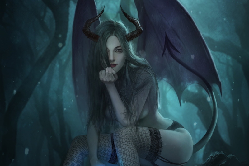 by Engy Jeong, Succubus, The Succubus in forest, Girl, Engy Jeong, Horns, Devil, Art, Dark Queen, Dragon, Fiction, Illustration, Demoness, Beautiful, Darkness
