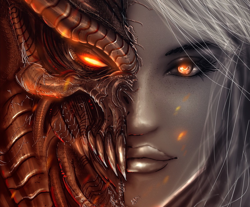 Diablo 3, 1080P, look, face, angel, art, Angels, girl, the demon, Demons