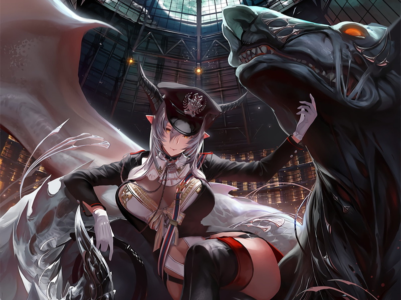hat, anime, Shingeki no Bahamut, pointed ears, beast, thigh-highs, anime girl, horns, demon, 1080P, Beast Dominator, girl