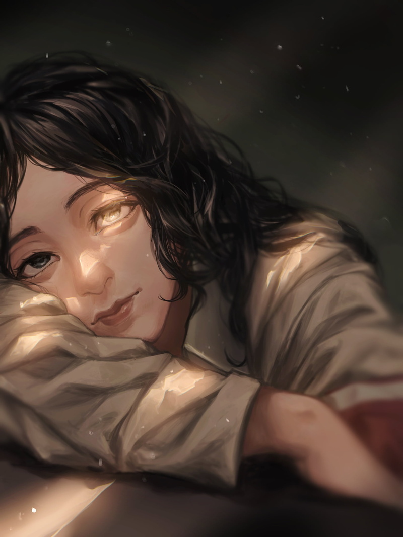 messy hair, fan art, anime, lying on front, curly hair, pink lipstick, vertical, warming in sunlight, black eyes, black hair, anime girls, long hair, Shingeki no Kyojin