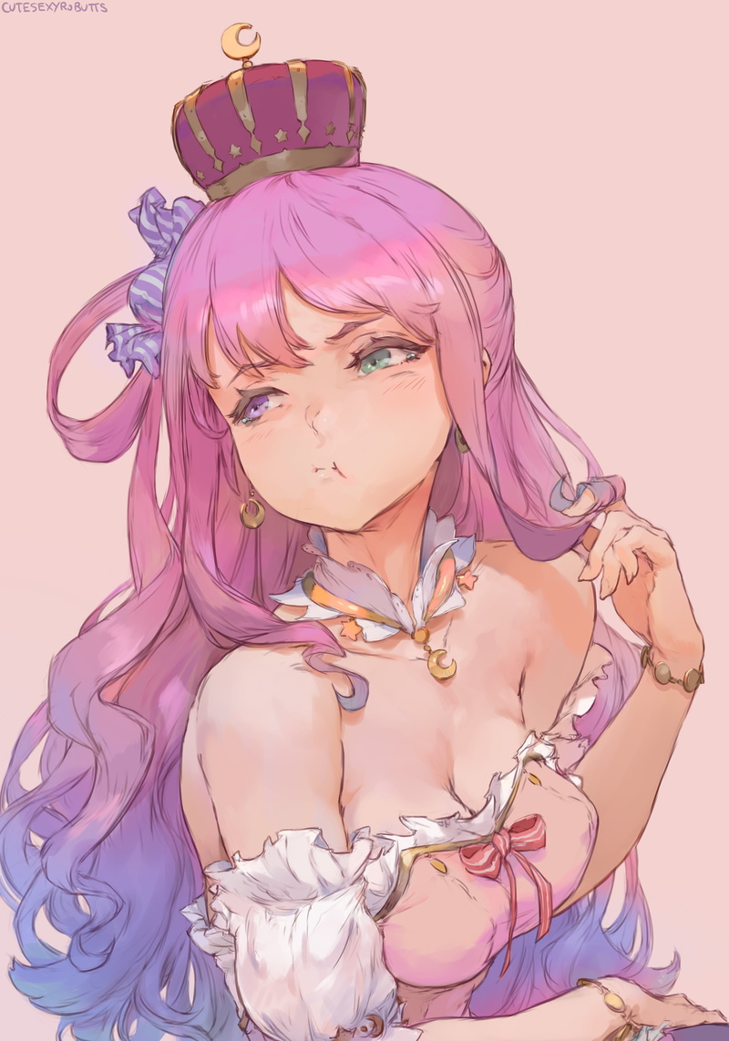 looking at the side, cleavage, pink hair, digital art, artwork, bare shoulders, Himemori Luna, 4K, anime, bangs, necklace, gradient hair, 2D, dress, Hololive