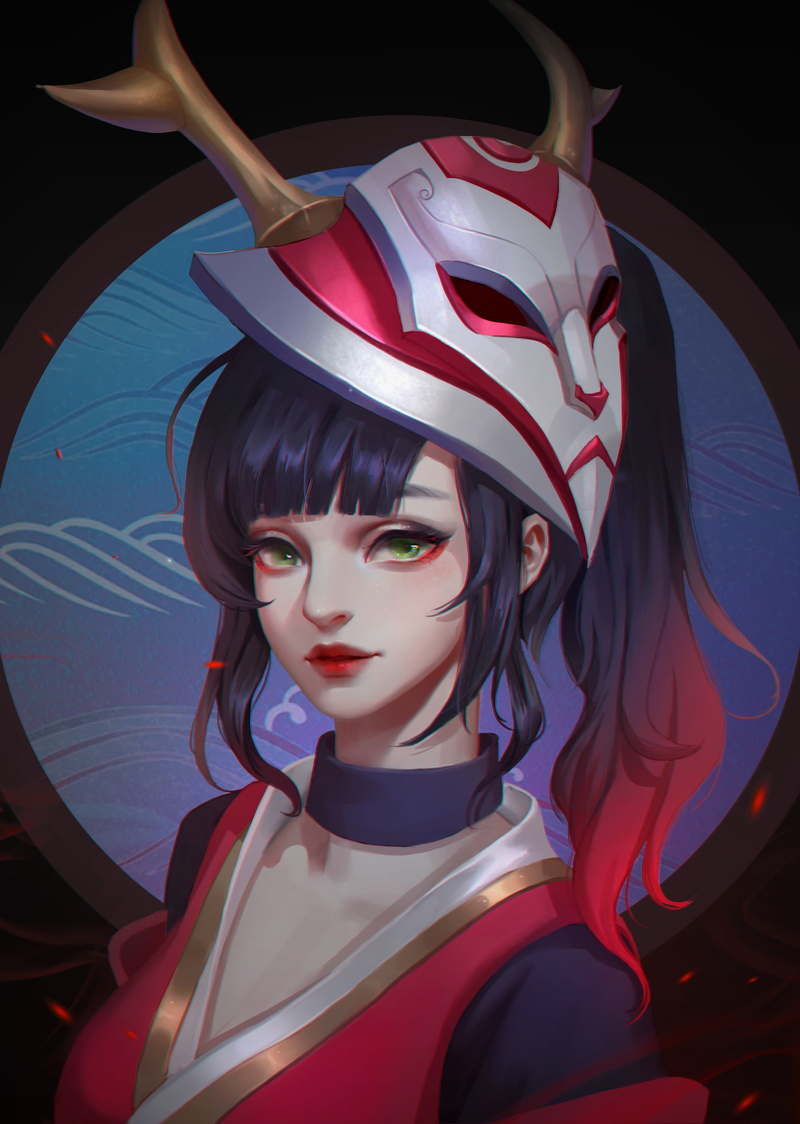 artwork, mask, looking at viewer, black hair, 2K, illustration, women, Akali, digital art, Akali(League of Legends), video games, portrait display, Jingwen Lin