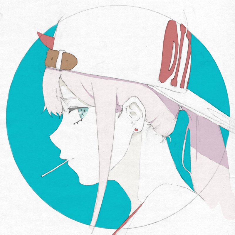aqua eyes, side view, anime girls, horns, simple background, 720P, Red tank top, monster girl, Zero Two (Darling in the FranXX), ponytail, looking at viewer