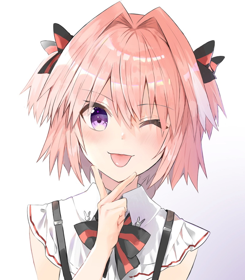 femboy, 2D, fan art, FGO, suspenders, gradient, tongue out, looking at viewer, white shirt, twintails, Astolfo (Fate/Apocrypha), Fate/Apocrypha, simple background