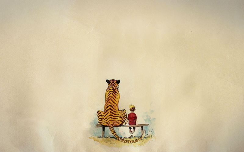 comics, calvin and hobbes, calvin, sitting, tiger, illustration, boy, bench, 1920x1200, 1080P, hobbes