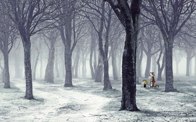 snow, winter, Calvin and Hobbes, 1080P, trees
