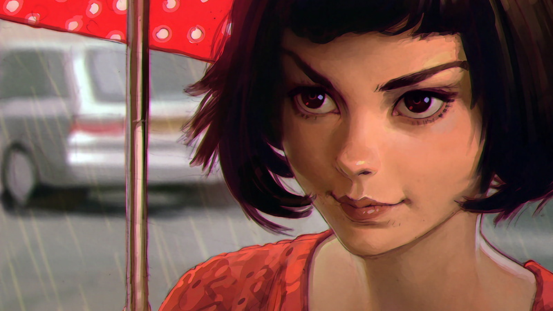 red, car, drawing, looking at camera, brunette, adult, young women, close-up, lifestyles, beauty, one person, real people, transportation, umbrella, public transportation