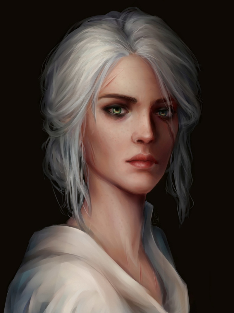 ArtStation, fan art, video game characters, women, The Witcher 3: Wild Hunt, black background, green eyes, scars, digital art, 1080P, Cirilla Fiona Elen Riannon