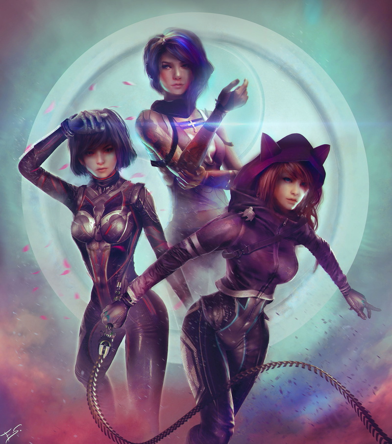bodysuit, hoods, group of women, Eddy Shinjuku, weapon, 2K, women, petals, short hair, dark hair, dust, drawing, wind, armor, whips