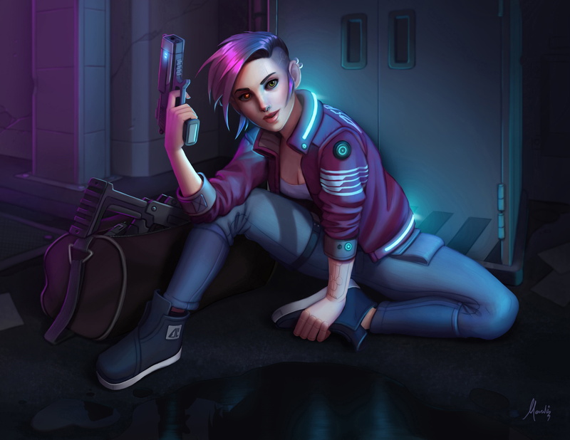 on the floor, 2K, women, digital art, pink hair, cyberpunk, artwork, Cyberpunk 2077, game art, open jacket, short hair, digital painting, pierced ear
