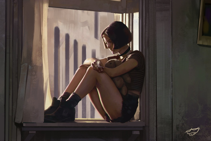Sloth Being (artist), artwork, arms crossed, teddy bears, choker, T-shirt, ArtStation, short hair, digital painting, 720P, drawing, sitting, alone, digital art