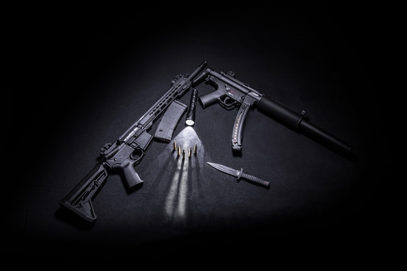 bullets, weapons, two, tactical, 5K, metal, warning sign, black, assault rifles, semi automatic, handgun, violence, high angle view, black background