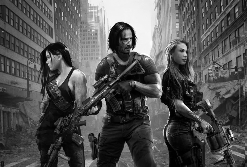 ArtStation, 720P, drawing, men, women, girls with guns, two women, digital art, grenade launchers, assault rifle, looking away, Shai Daniel, Keanu Reeves