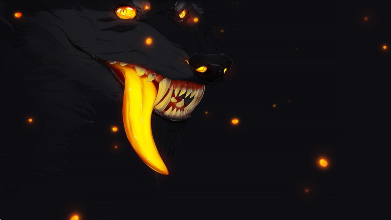 art, evil eye, fireflies, werewolf, mater, Genetic, fear, fangs, mouth, burning eyes, 1080P, wolf, long tongue, darkness