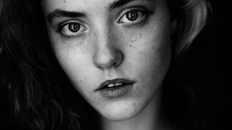 beautiful woman, face, looking at camera, body part, young adult, close-up, contemplation, human body part, monochrome, model, indoors, Aleksey Trifonov