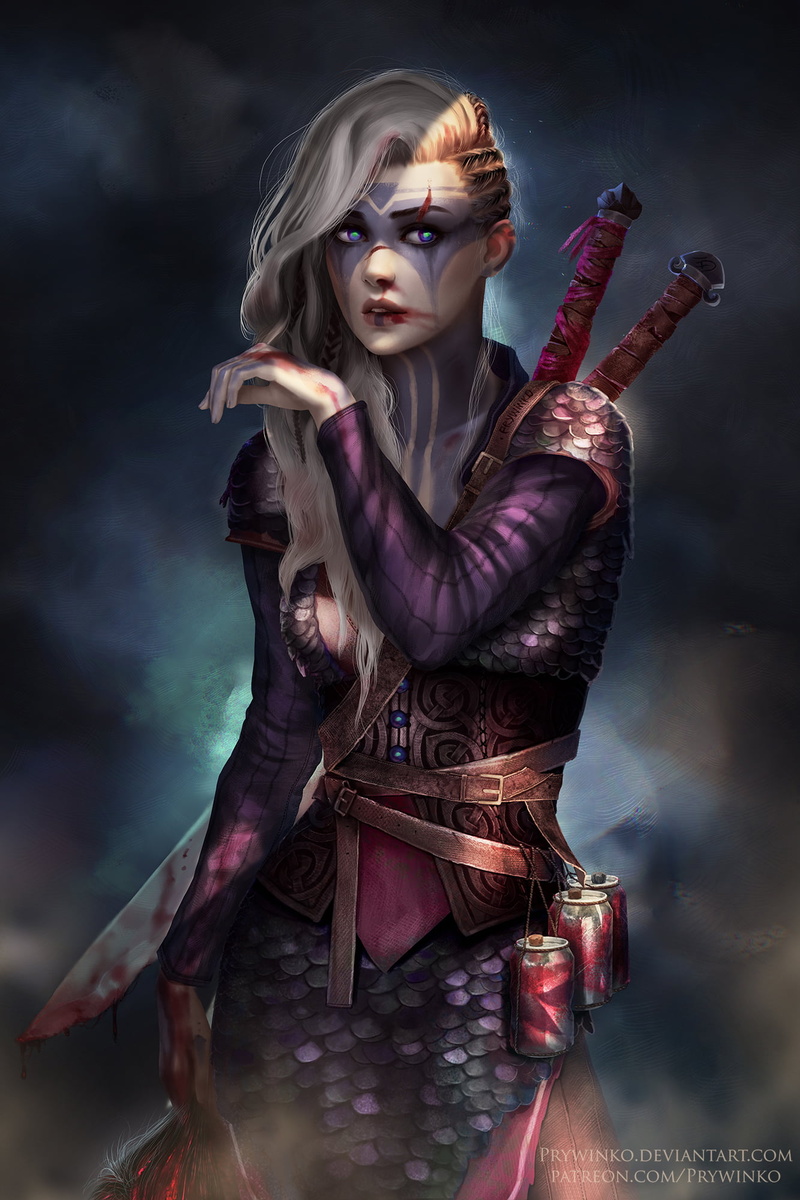 weapon, artwork, Scar on Eye, original characters, blood, apocalyptic, painting, concept art, sword, can, braided hair, 1080P, Vikings, fantasy girl, 2D