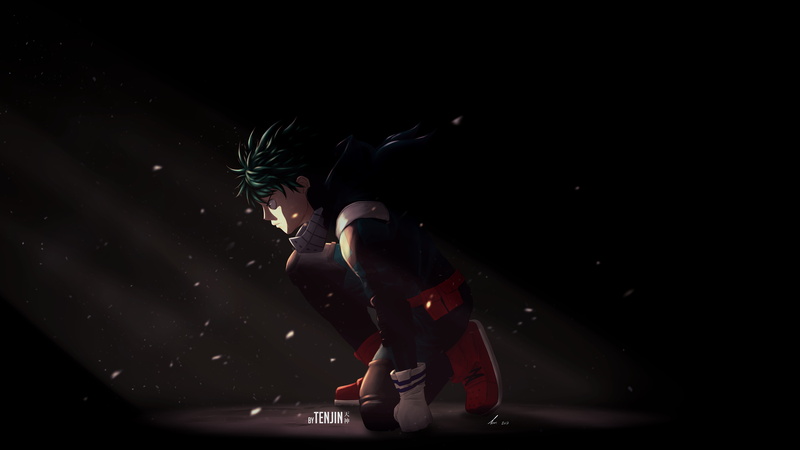 young adult, dark, side view, full length, real people, studio shot, arts culture and entertainment, standing, Izuku Midoriya, looking, copy space, 4K
