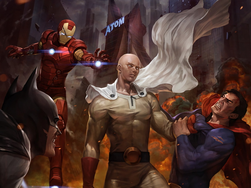 Iron Man, 1080P, Crossover, Anime, Superman, Saitama (One-Punch Man), Batman