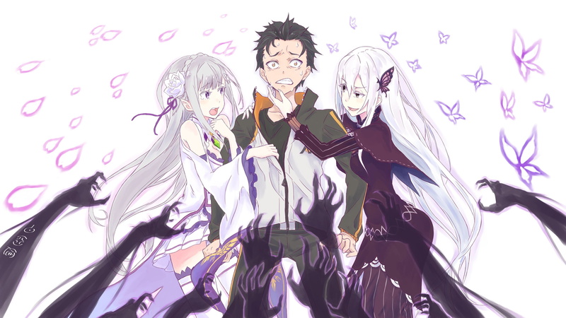Anime, Crossover, Echidna (Re:ZERO), Emilia (Re:ZERO), Satella (Re:Zero), Re:Zero, 4K, Subaru Natsuki, Me!Me!Me!