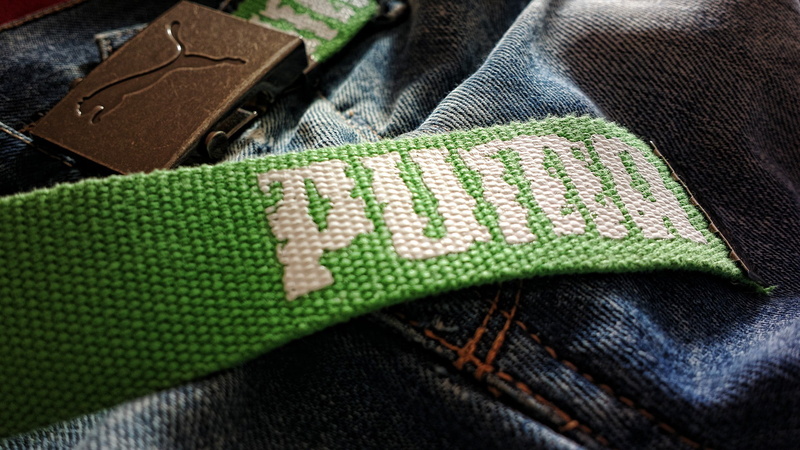 green color, high angle view, 1080P, pocket, textile, Puma, belt, bag, strap, craft, clothing, close-up, art and craft, body part, sweater, indoors, black color