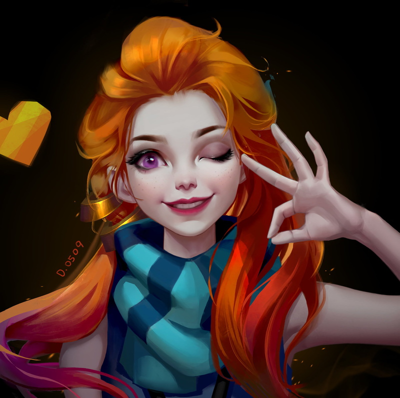 digital art, dark background, smiling, video game girls, wink, fan art, long hair, artwork, looking at viewer, video games, portrait, scarf, Zoe (League of Legends)