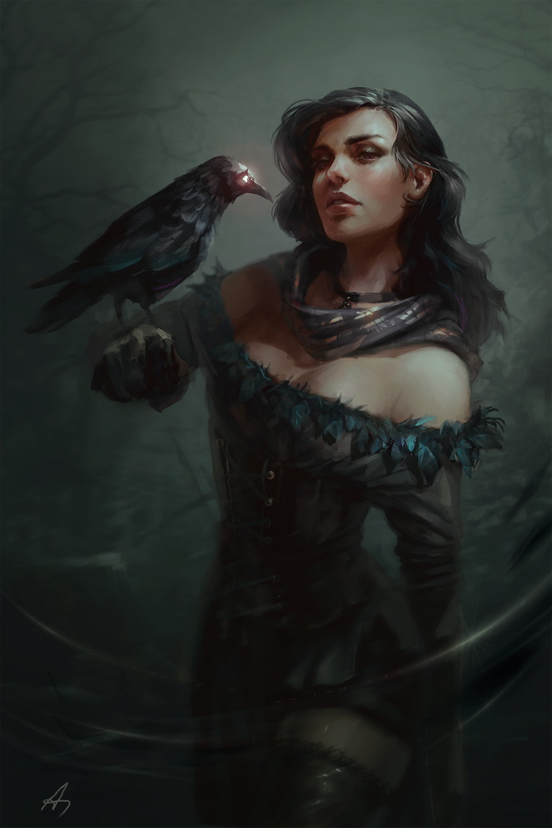 long hair, artwork, Yennefer, crow, digital art, 1080P, violet eyes, The Witcher, Yennefer of Vengerberg, video game art, dark hair, fan art, The Witcher