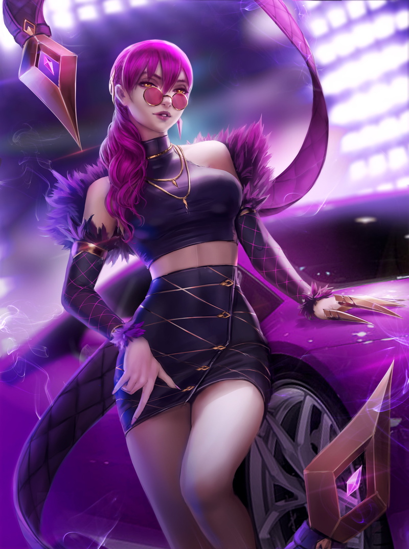 fictional character, bare shoulders, video game characters, vertical, black tops, fantasy girl, necklace, Evelynn (League of Legends), fan art, miniskirt