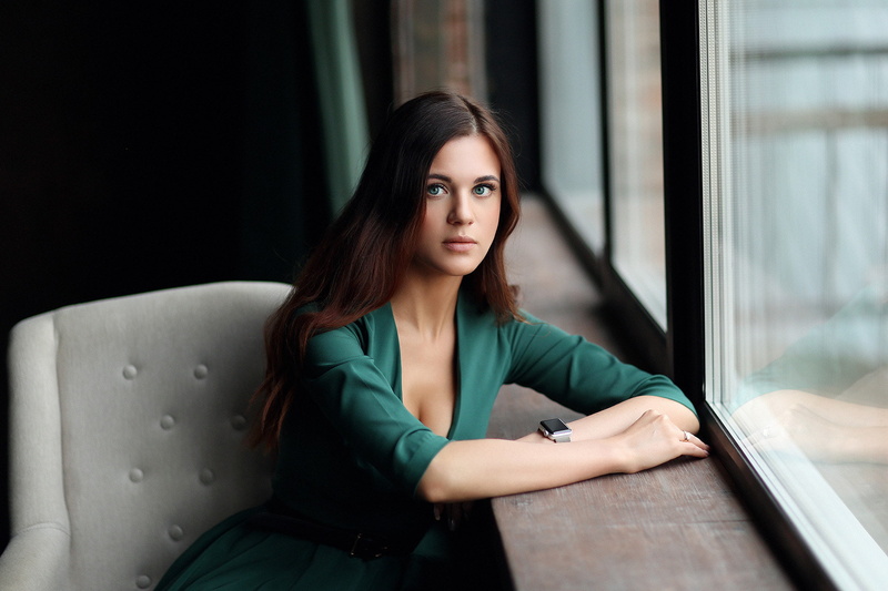 window, Dmitry Arhar, women, belt, 1080P, green dress, portrait, green eyes