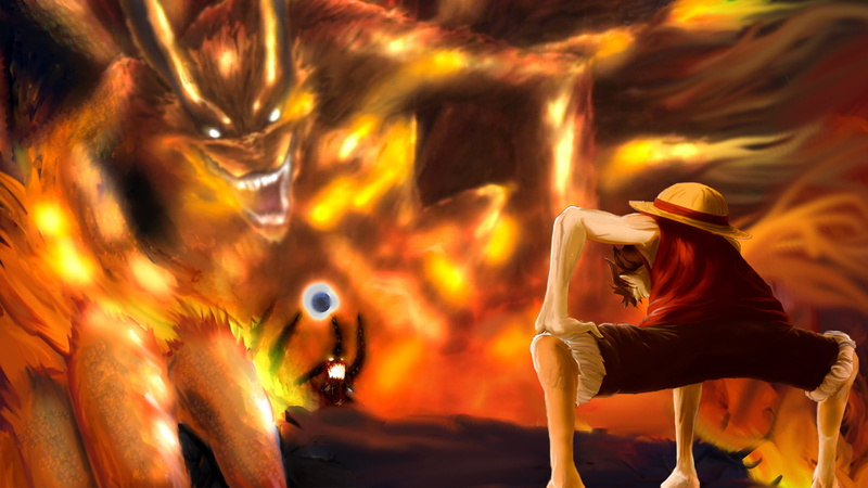 One Piece, 1080P, Monkey D. Luffy, Crossover, Kurama (Naruto), Naruto, Anime