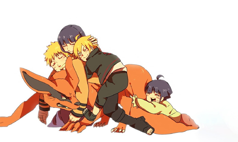 family, Uzumaki Naruto, Boruto: Naruto Next Generations, happy, Shinomiya Himawari, hugging, smiling, Kurama, Hinata Hyūga (Naruto Shippuden), Uzumaki Boruto