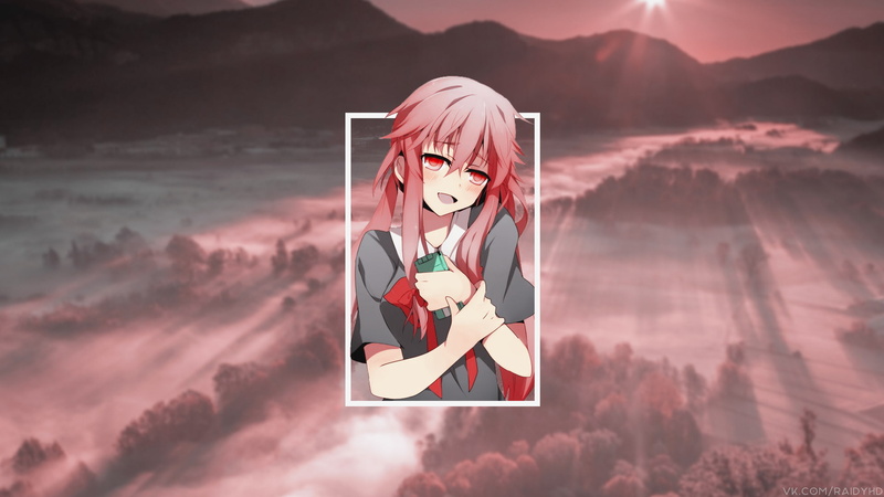 hair, mountain, hairstyle, picture-in-picture, emotion, young adult, Mirai Nikki, portrait, looking at camera, nature, creativity, sky, anime girls, beauty