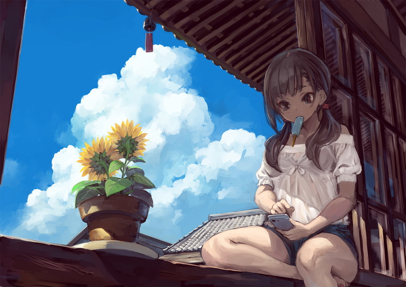 sky, digital art, yellow flowers, 720P, black hair, illustration, artwork, digital painting, window, anime girls, flowers, Suzuno, women, drawing, Japan