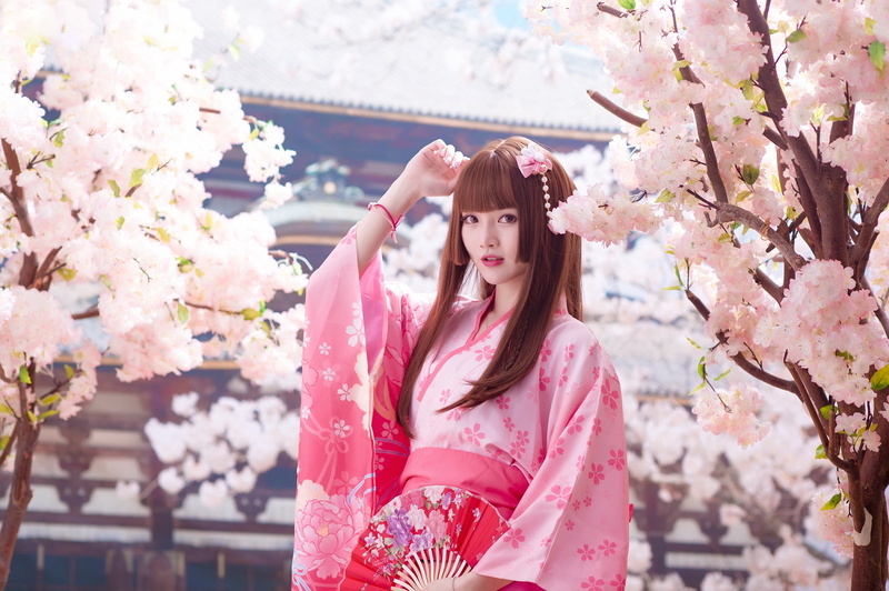 cutie, Asian, style, kimono, long-haired, trees, face, fan, young, pink, girl, brown hair, look, national costume, Sakura, branches, flowering, portrait