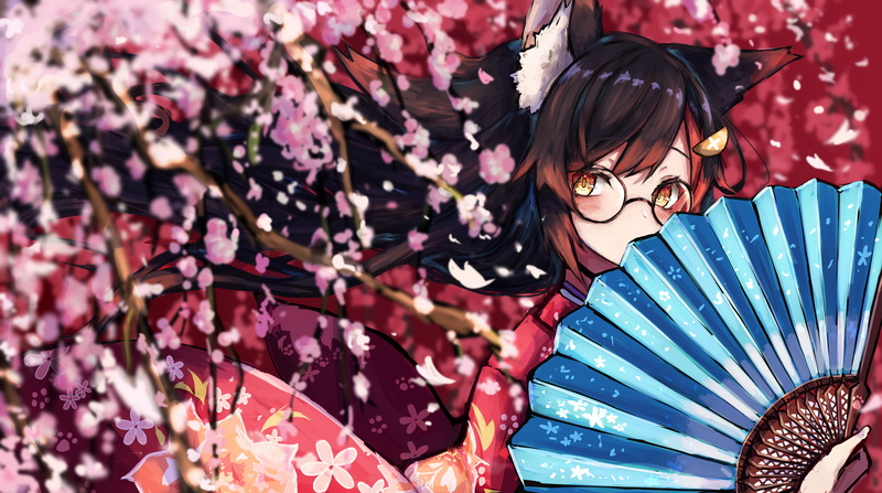 8K, red eyes, Hololive, Ookami Mio, glasses, kimono, hand fan, Japanese kimono, looking at viewer, brunette, sakura (tree), animal ears, anime, long hair