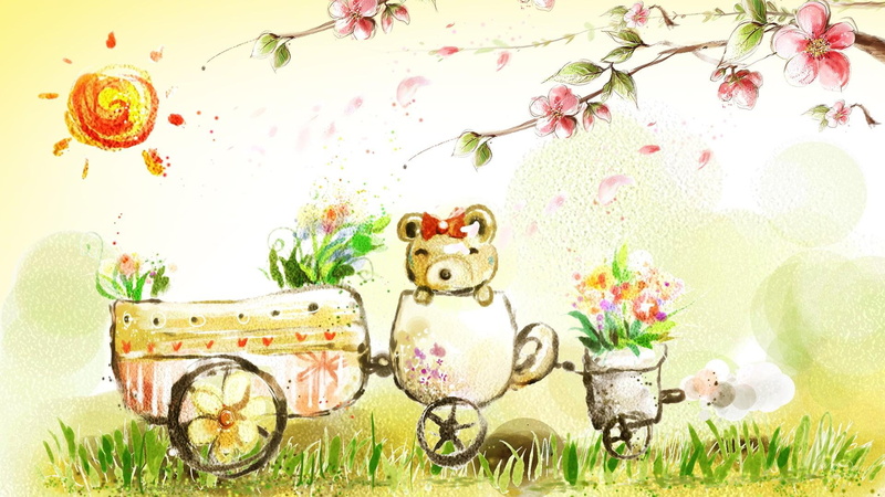 cherry tree, bear, 1080P, painted, field, sunshine, grass, blossoms, flowers, summers, firefox persona, sakura, spring