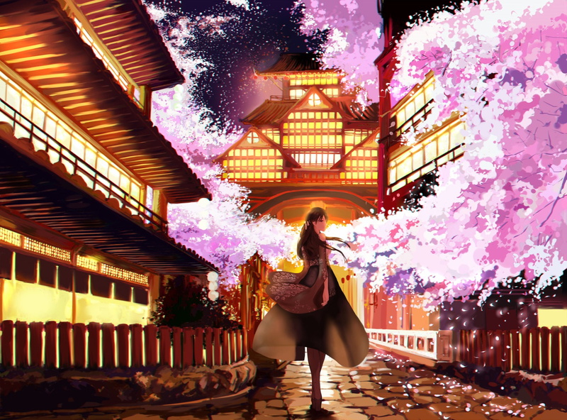 Sakura Tree, Original, Night, Anime, Shrine, 1080P, Maiden
