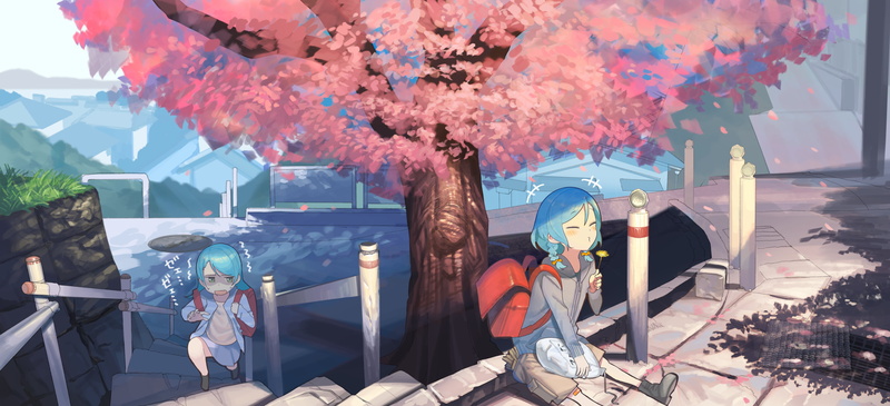 anime, cherry trees, BanG Dream!, anime girls, sakura (tree), Hikawa Hina, 4K, Ahonote, blue hair, Hikawa Sayo