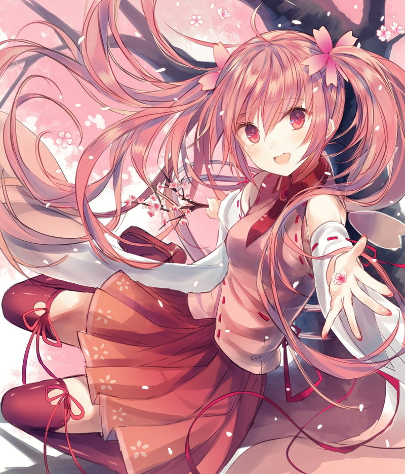 flower in hair, thigh-highs, anime girls, 480P, anime, twintails, flowers, ribbon, zettai ryouiki, Hatsune Miku, Sakura Miku, cherry trees, Vocaloid, long