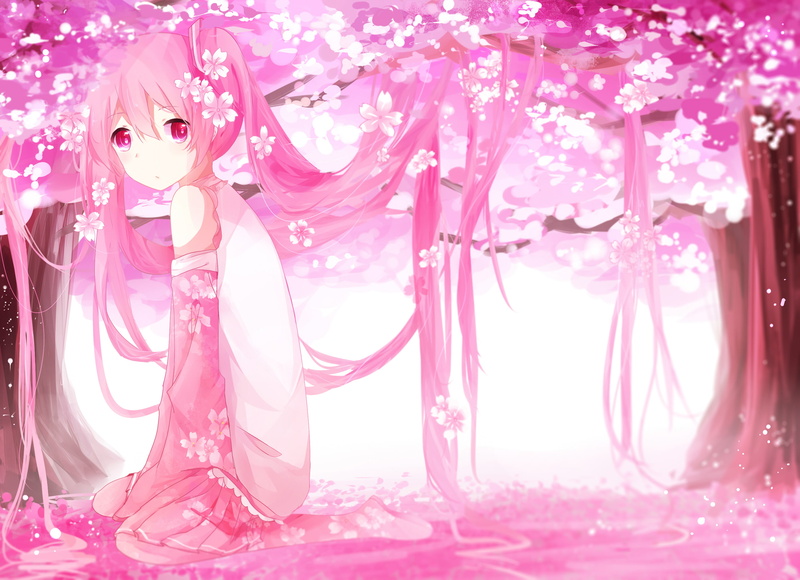 trees, 2K, girl, petals, cherry, pink, vocaloid, sakura, blossom, haired, sitting, anime, art, mike, flowers, Sakura