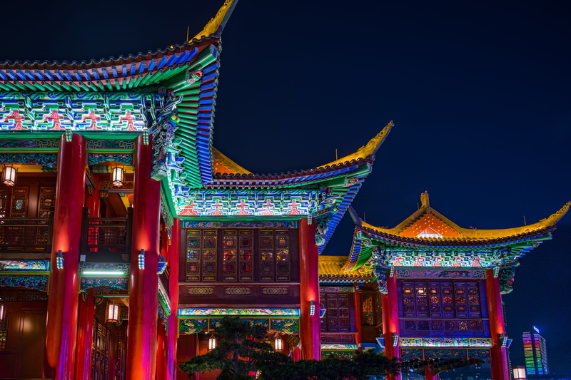 ancient architecture eaves, flow eaves flying club, religion, the ark stage, guiyang, the past, belief, no people, lighting equipment, night, classical style